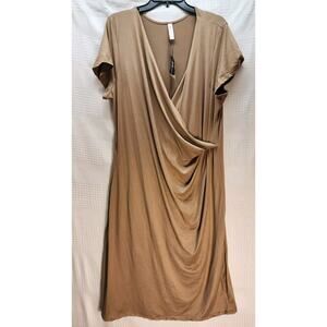 24seven Wrap Dress Size 1X Short Sleeve Midi Brown Stretch 7531